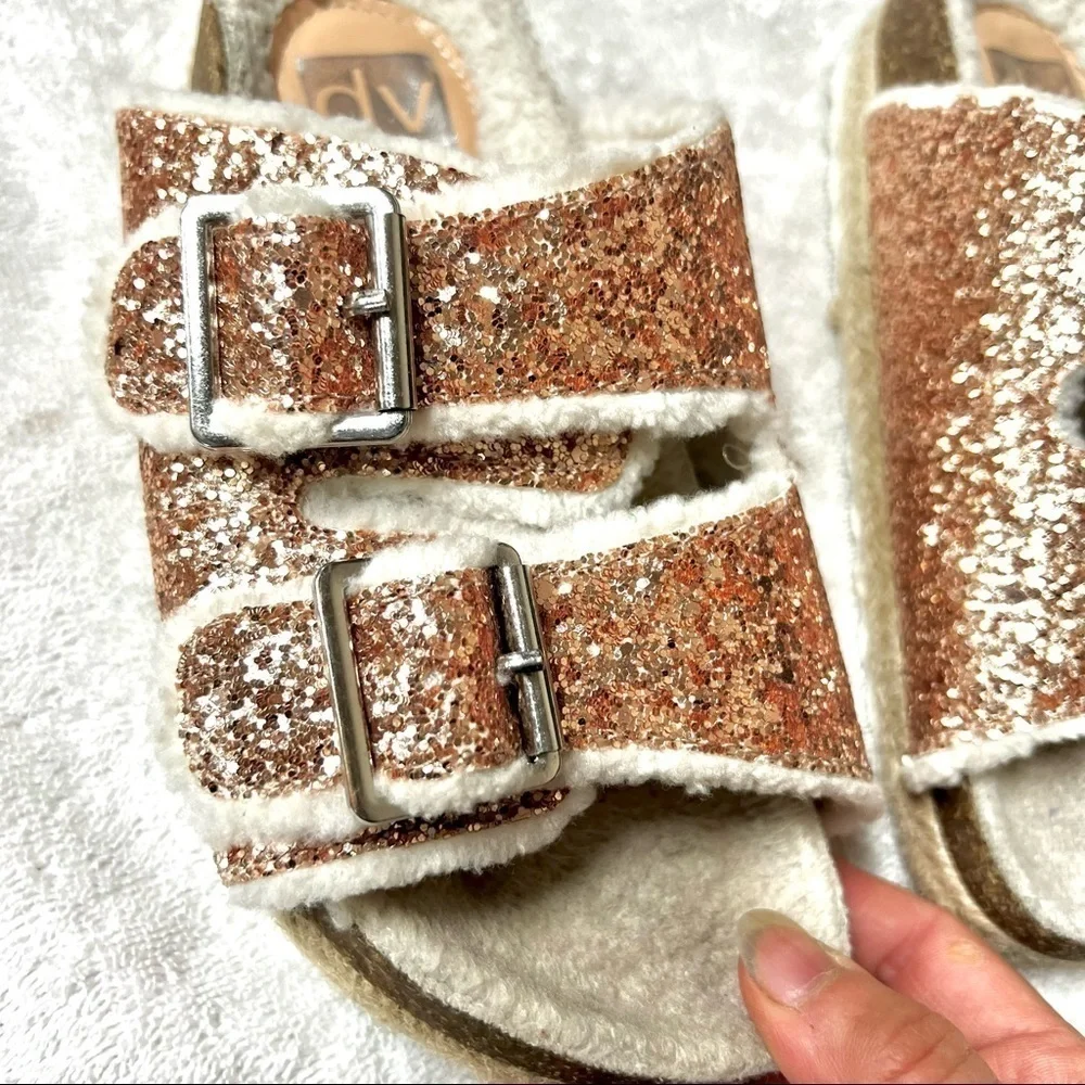 DV BY DOLCE VITA Girl's Carlina Glitter Faux Fur-Lined Espadrille Slides size 2
